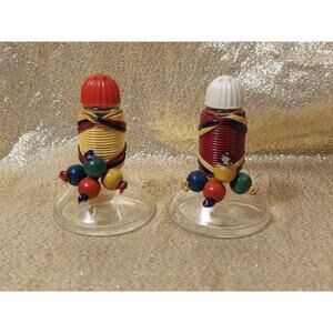 Vintage MCM Pyrex Weico Salt Pepper Shakers Cord Wrapped Colorful Wooden Beads